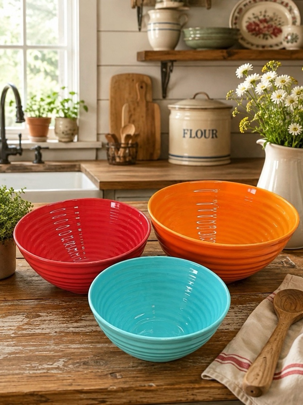 The Pioneer Woman Flea Market 3-Piece Ceramic Nesting Mixing Bowls Ribbed Set